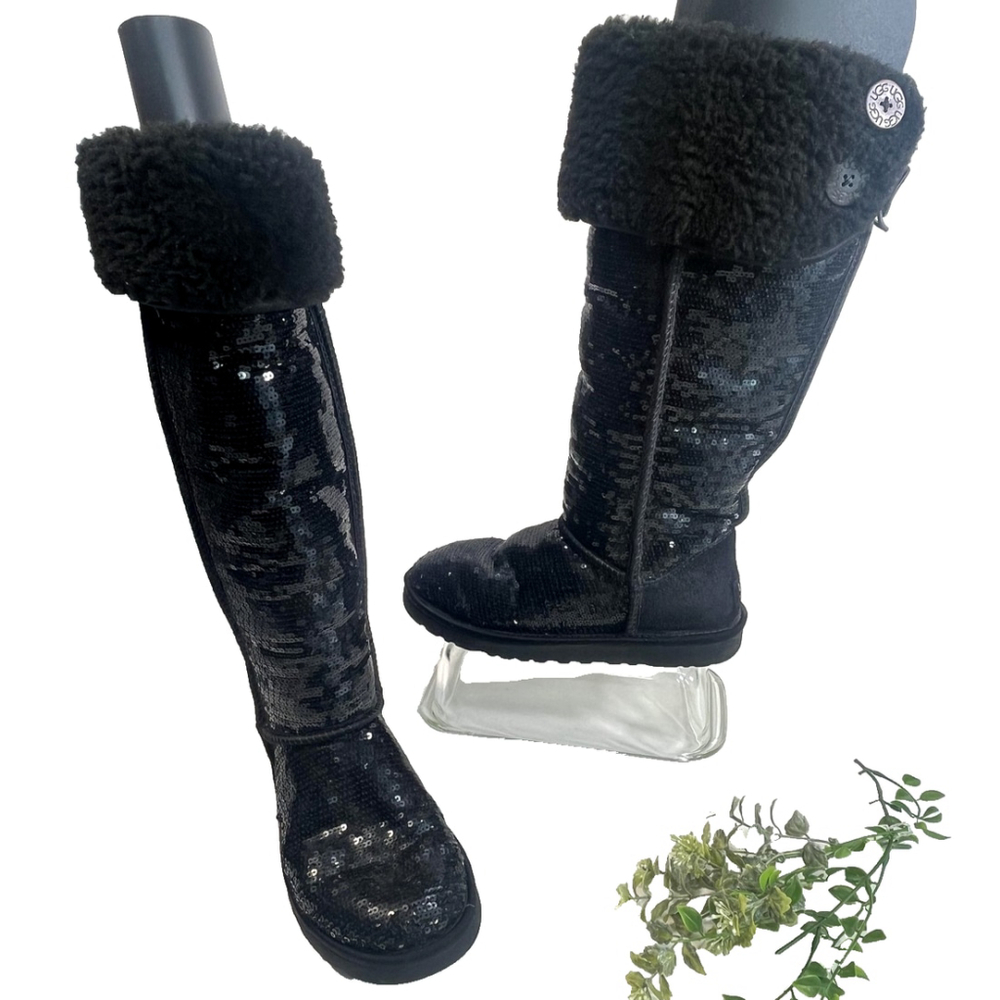 UGG Black Tall Over Knee High Sequin Shearling Button‎ Boots Womens Size 7 Rare - Picture 3 of 16